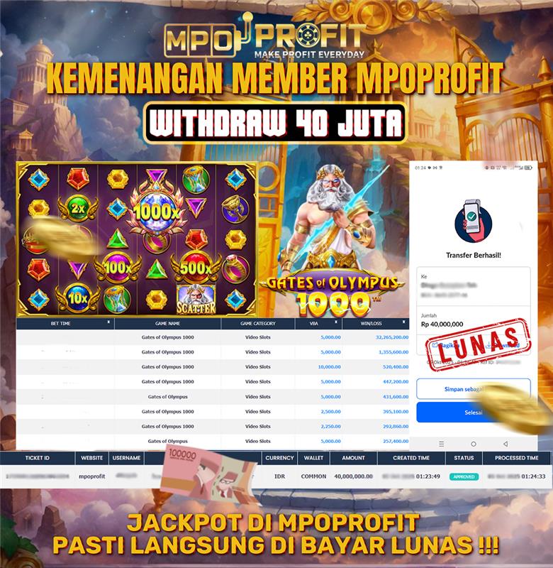 MPOPROFIT JACKPOT SLOT PRAGMATIC! KEMENANGAN MURNI DI (GATES OF OLYMPUS 1000 TOTAL Rp 40.000.000,- LUNAS)